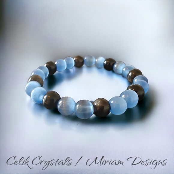 Silver Obsidian & Blue Cate Eye Bracelet Natural Stones 8mm Unisex - Picture 2 of 4